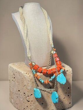 Chico's Southwestern Faux Turquoise Coral Multi Strand Rope Statement Necklace